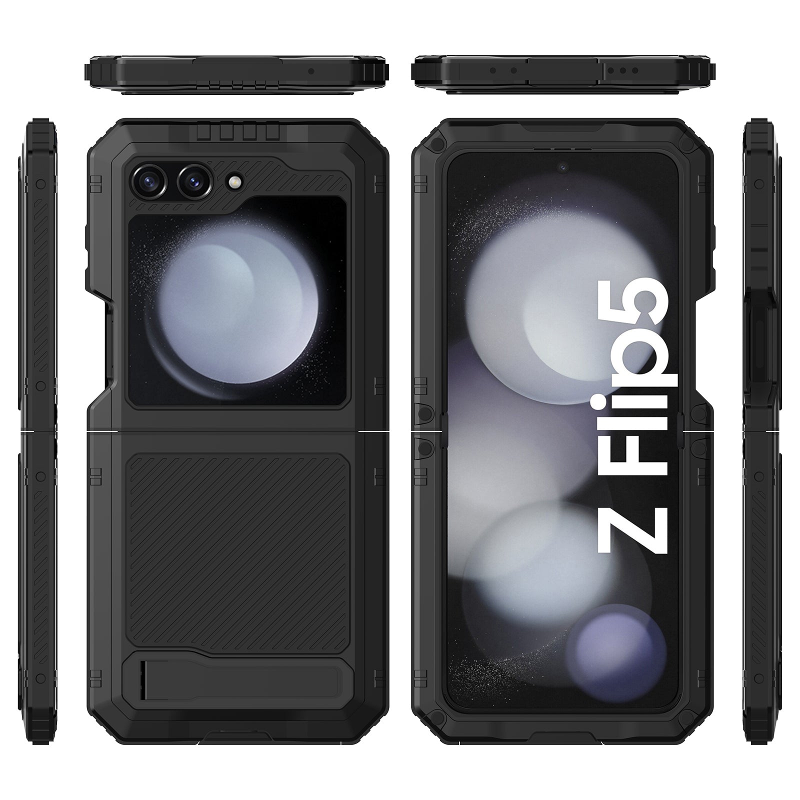 For Samsung Galaxy Z Flip5 5G Shockproof Case Aluminium Alloy + Silicone Kickstand Phone Cover - Black For Samsung Galaxy Z Flip5 5G Shockproof Case Aluminium Alloy + Silicone Kickstand Phone Cover - Black